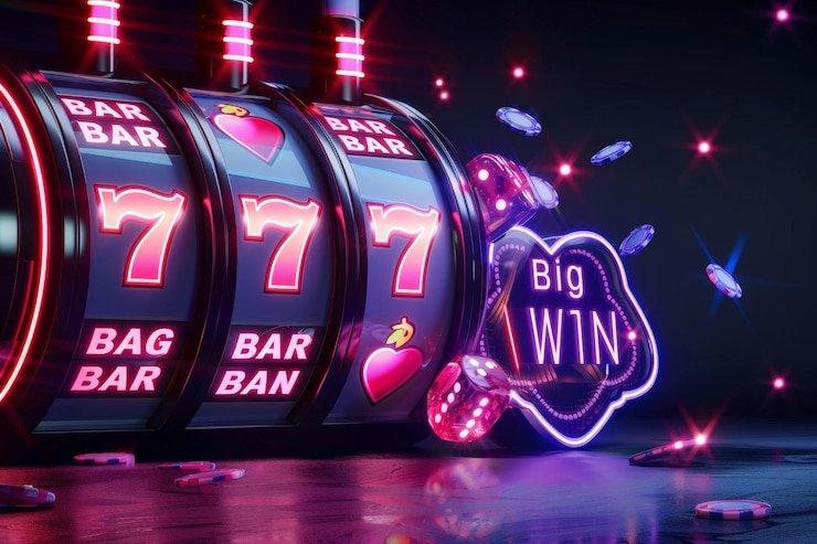 Deretan mesin slot warna warni di kasino online modern yang interaktif